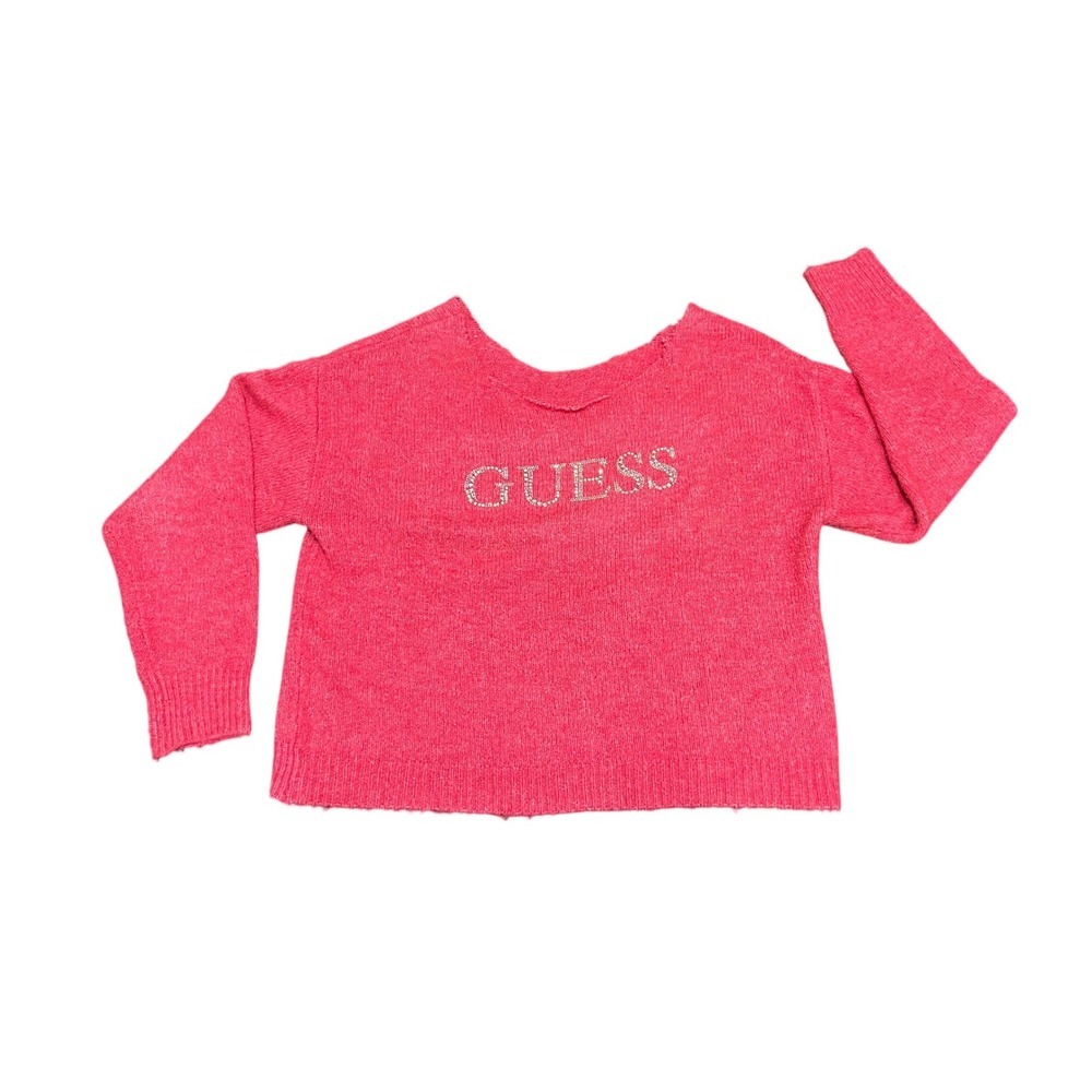 Guess Women Pink Rhinestone Logo Knit Sweater Large Fuchsia Y2K (1079)